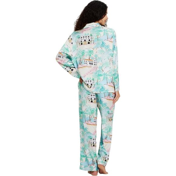 Women Green Silk Satin Pajamas Set Button Down 2 Piece Pjs Long Sleeve Oversize - Picture 3 of 7